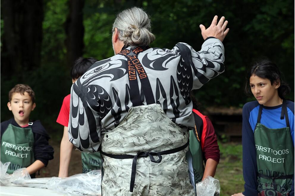An older person, back turned to the camera, speaks to younger people.