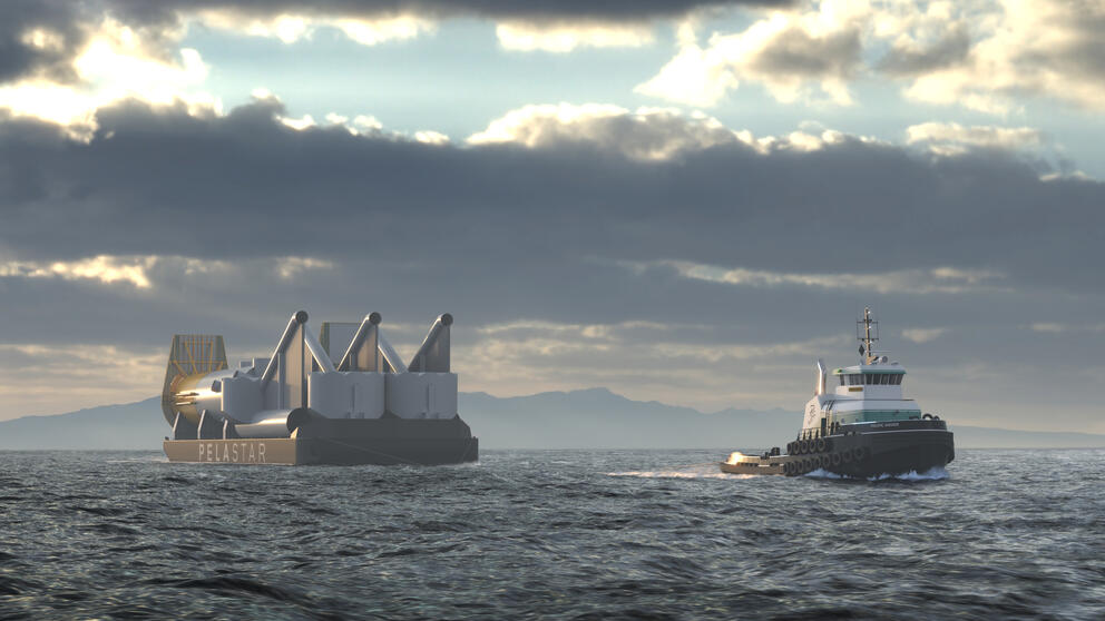A barge tows heavy equipment though water.