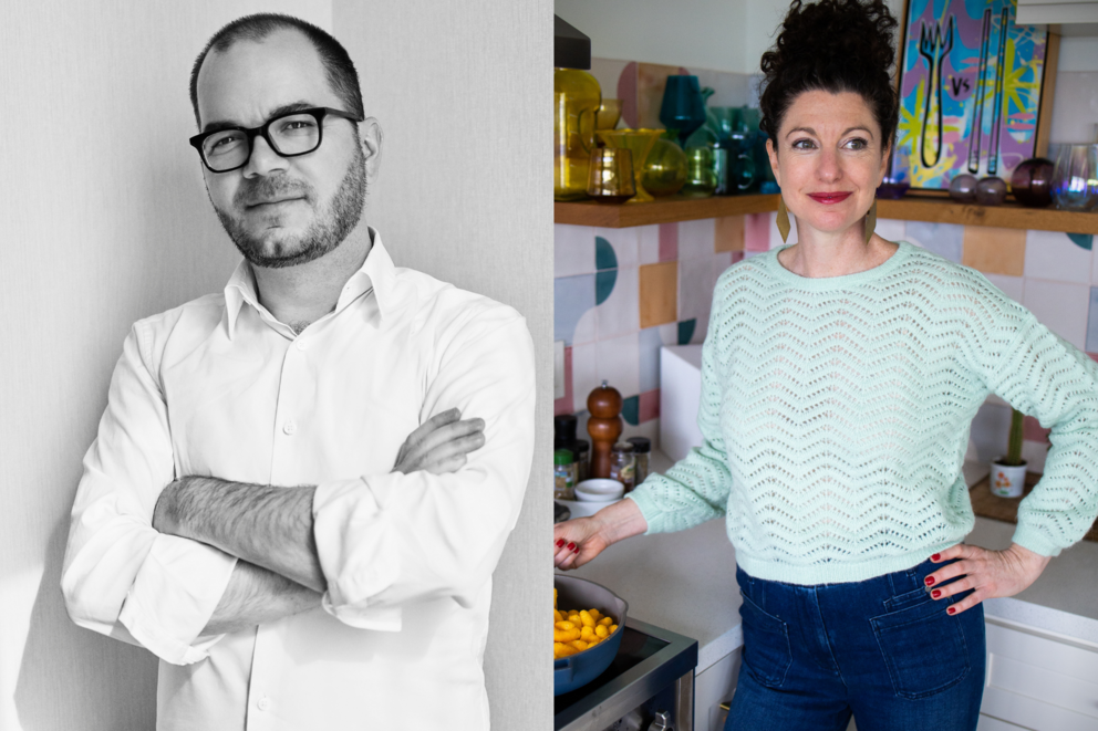 Author J. Ryan Stradal on the left and host Rachel Belle on the right 