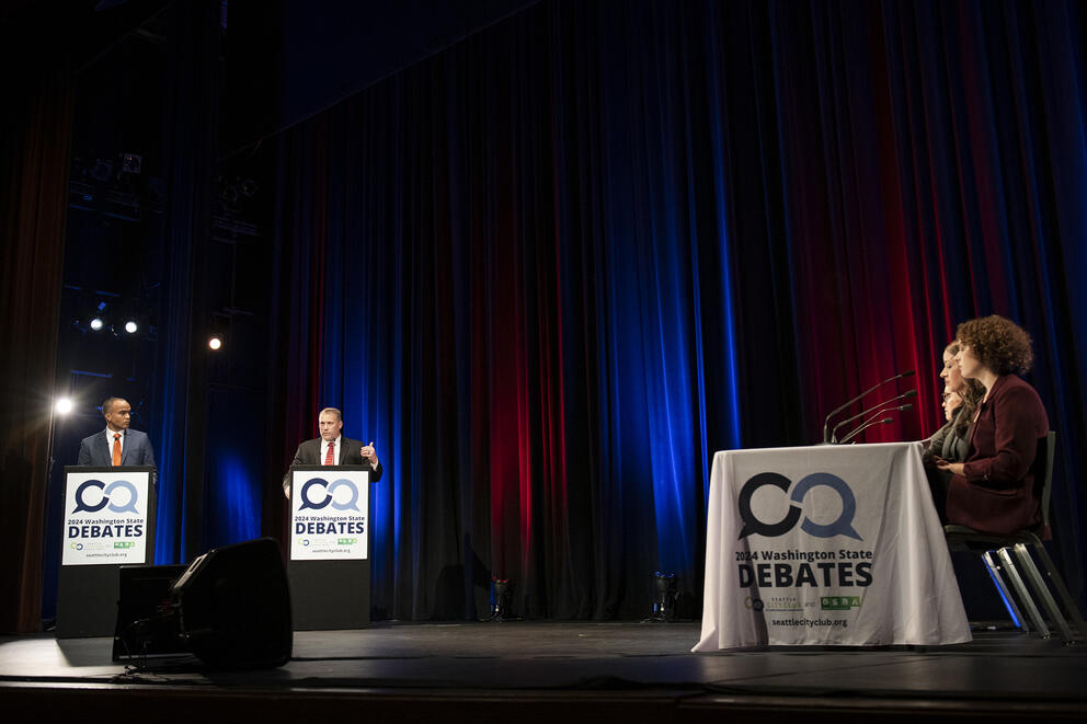 Brown and Serrano on the debate stage