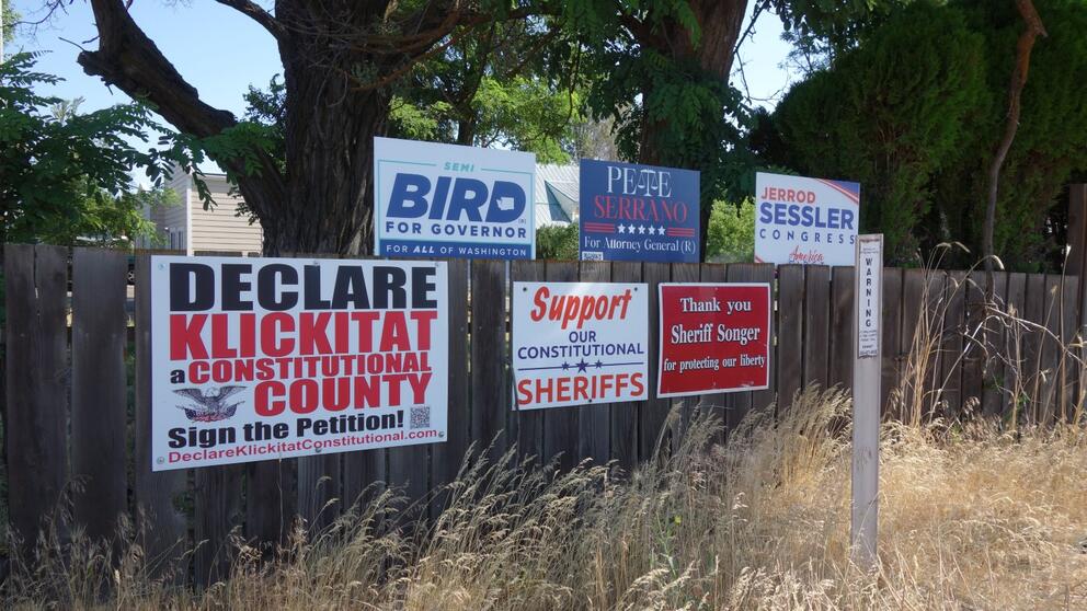 Political signs in support of Klickitat Sheriff Bob Songer and Republican candidates Semi Bird, Pete Serrano and Jerrod Sessler.