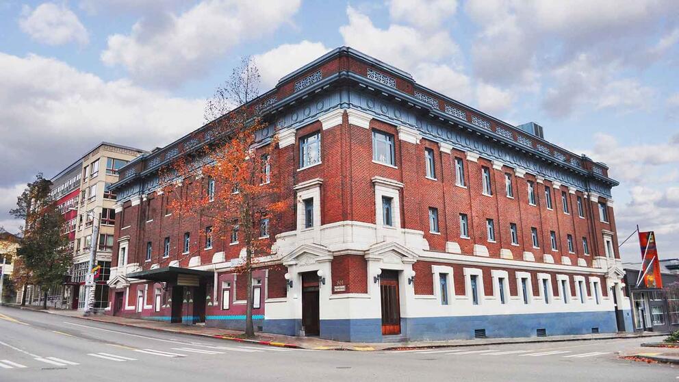exterior view of a vintage brick building