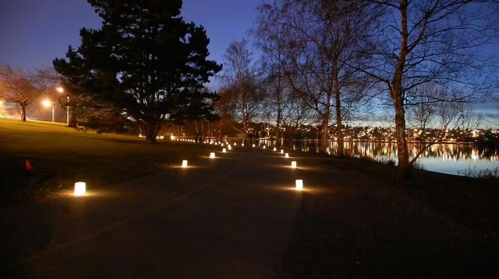 photo of a waterside path at night, lit with luminaria