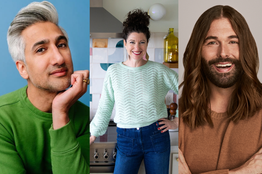 Tan France (left) + host Rachel Belle (middle) + Jonathan Van Ness (right)
