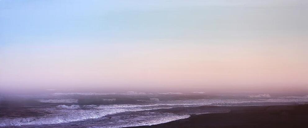 a painting of long flat coast with low waves and misty pink-blue sky