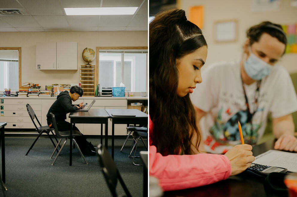 two images side by side: in the image at left, a student leans over a desk writing, in the image at right, a teacher wearing a mask looks at a student looking down at their desk
