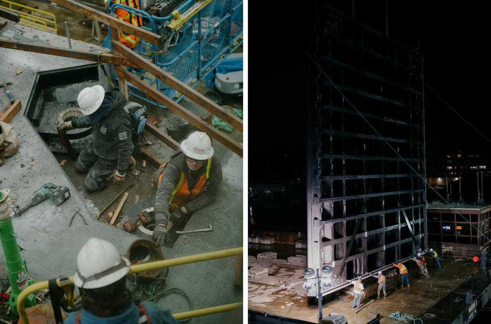 Left:  Construction crews prepare the upper hinges for the center lock replacement. Right: Construction crews are dwarfed by a giant metal center gate as they move it into position.