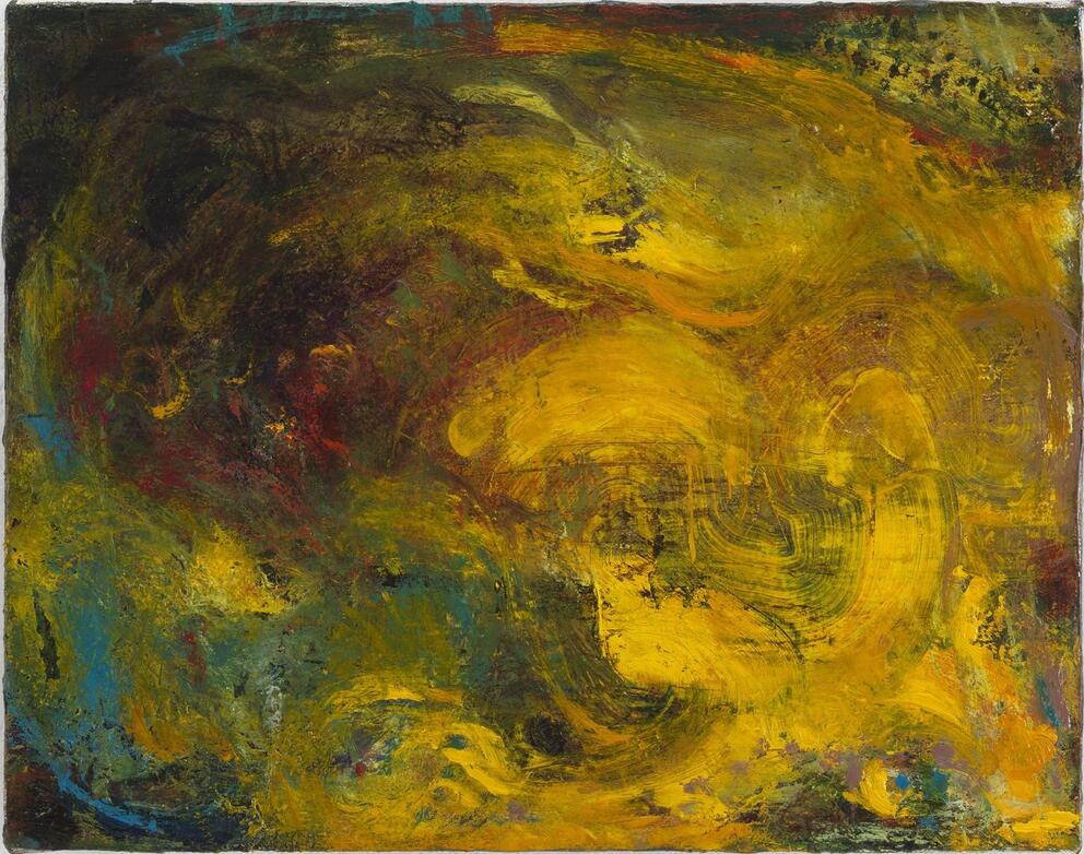 abstract oil painting with swirls of dark yellow and moody green