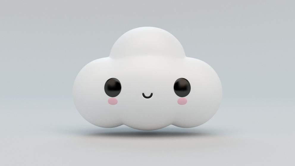 a plastic inflatable cloud with black oval eyes and a tiny smile