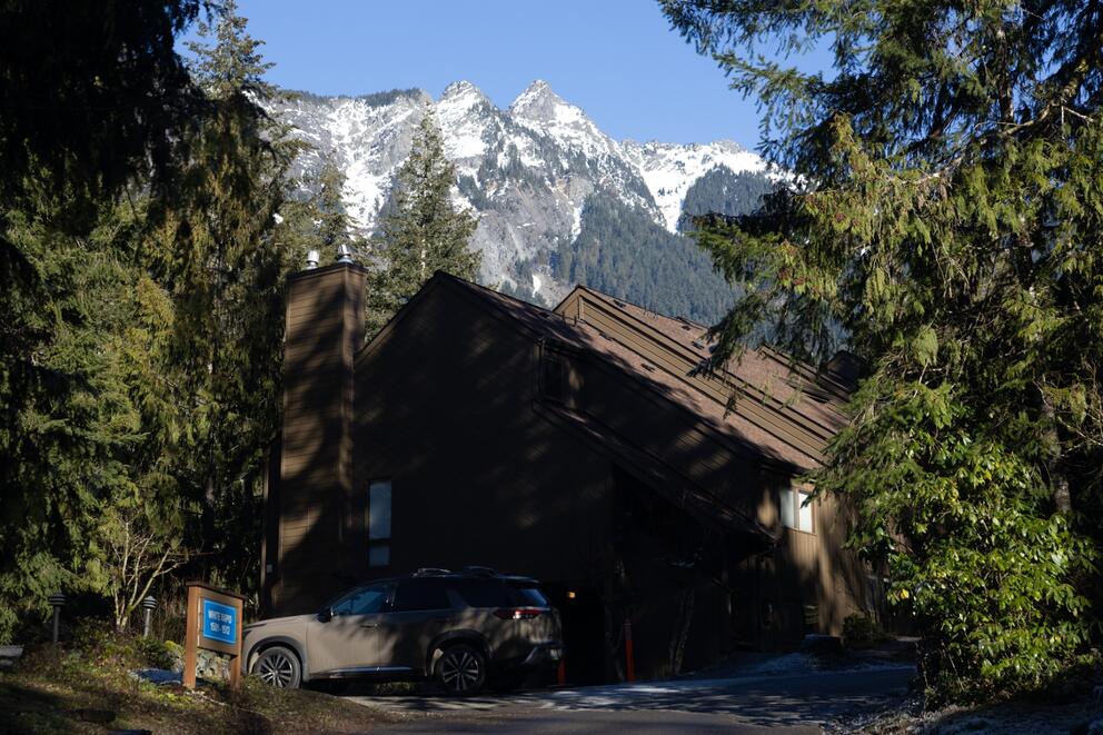 Trees surround a building and a snowy mountain in the background.